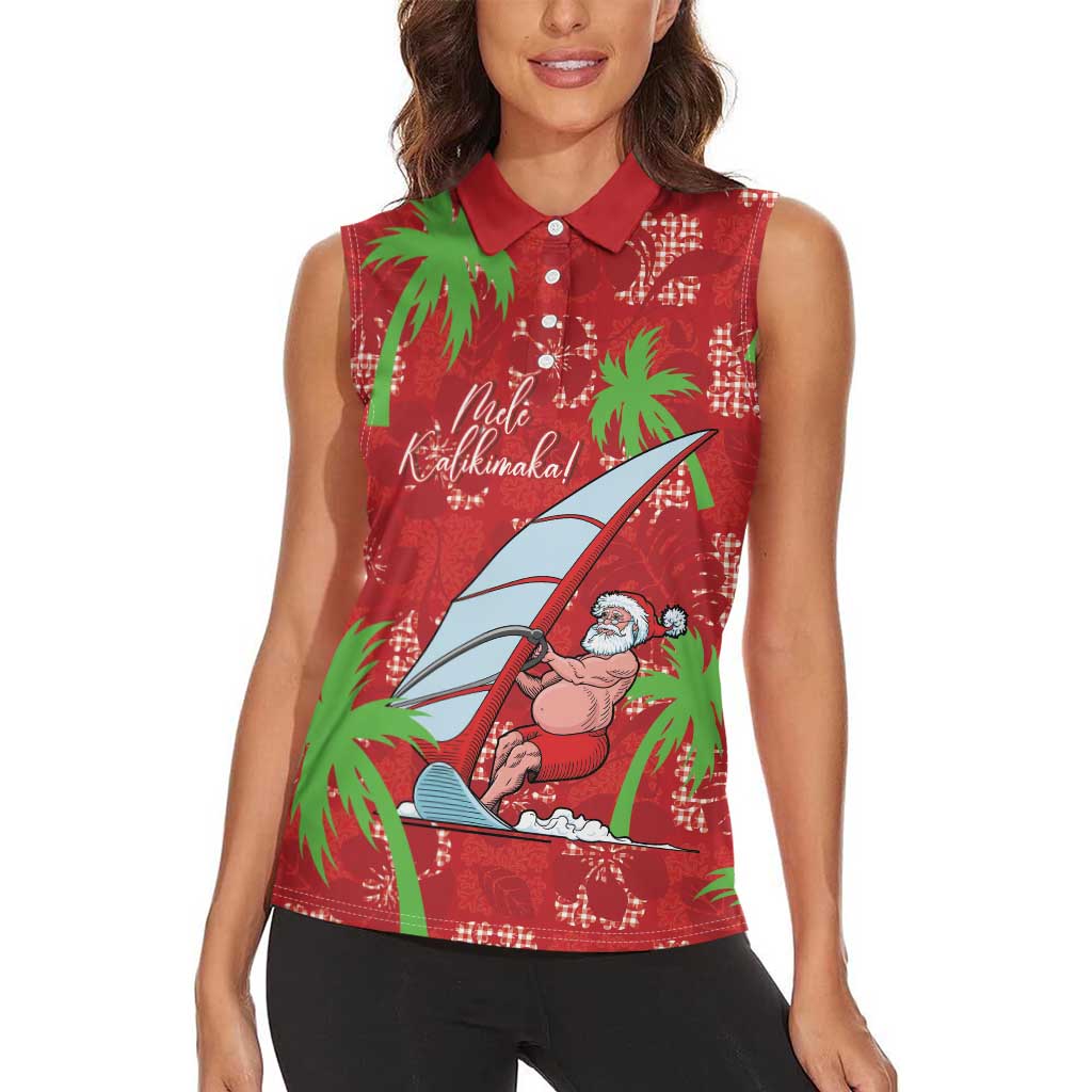 Aloha Hawaii Christmas Women Sleeveless Polo Shirt Mele Kalikimaka Windsurfing Santa Palaka Quilt Motifs LT14 - Polynesian Pride