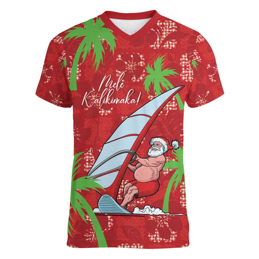 Aloha Hawaii Christmas Women V-Neck T-Shirt Mele Kalikimaka Windsurfing Santa Palaka Quilt Motifs LT14 Female Red - Polynesian Pride