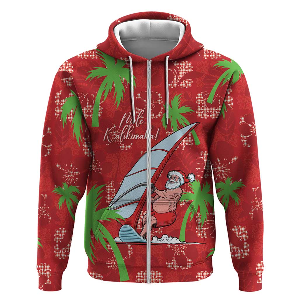 Aloha Hawaii Christmas Zip Hoodie Mele Kalikimaka Windsurfing Santa Palaka Quilt Motifs LT14 Zip Hoodie Red - Polynesian Pride