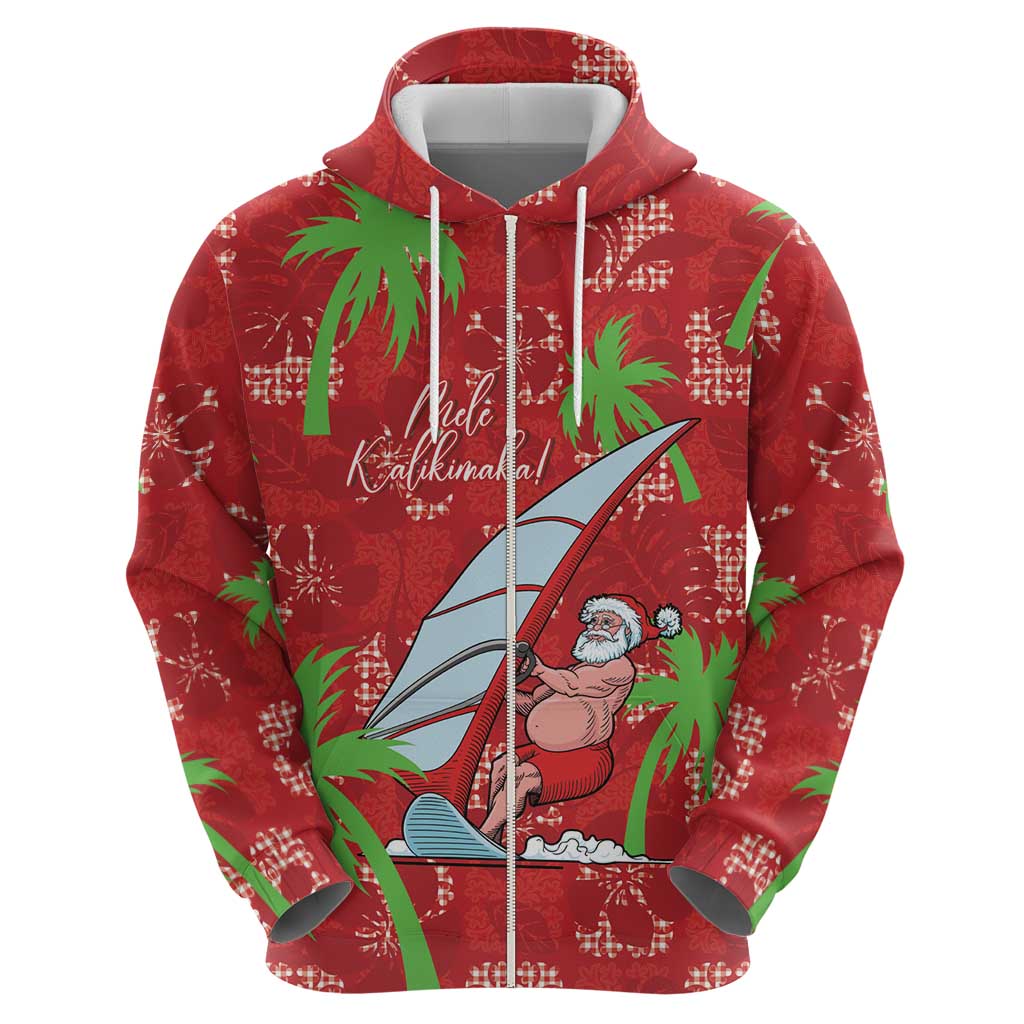 Aloha Hawaii Christmas Zip Hoodie Mele Kalikimaka Windsurfing Santa Palaka Quilt Motifs LT14 - Polynesian Pride