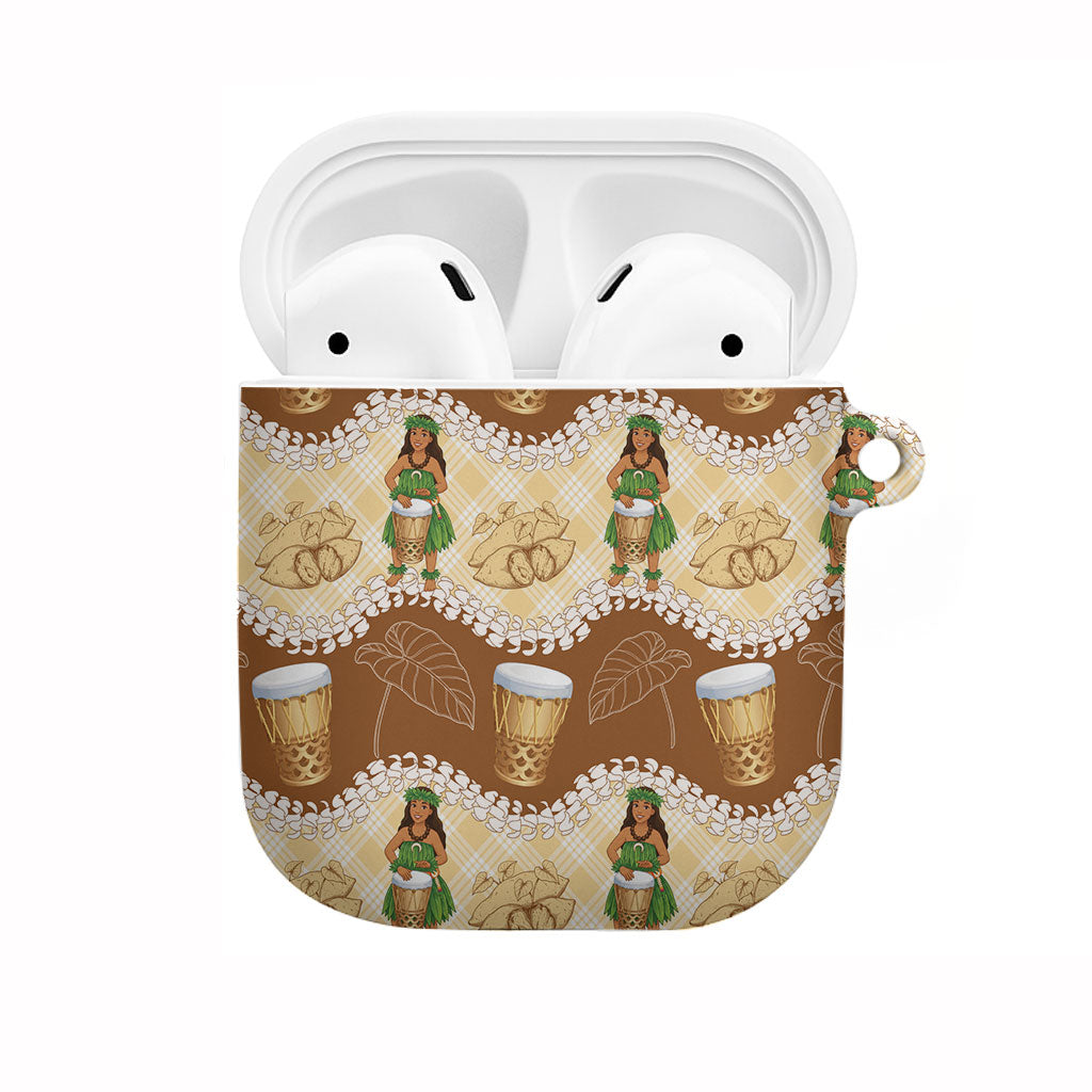 Hula Pahu Hawaii Makahiki AirPods Case Hawaiian Puakenikeni Lei Kalo Uala Palaka Motifs LT14 Brown - Polynesian Pride