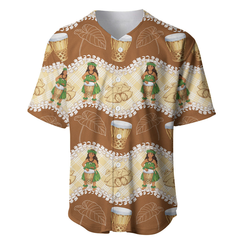 Hula Pahu Hawaii Makahiki Baseball Jersey Hawaiian Puakenikeni Lei Kalo Uala Palaka Motifs LT14 Brown - Polynesian Pride