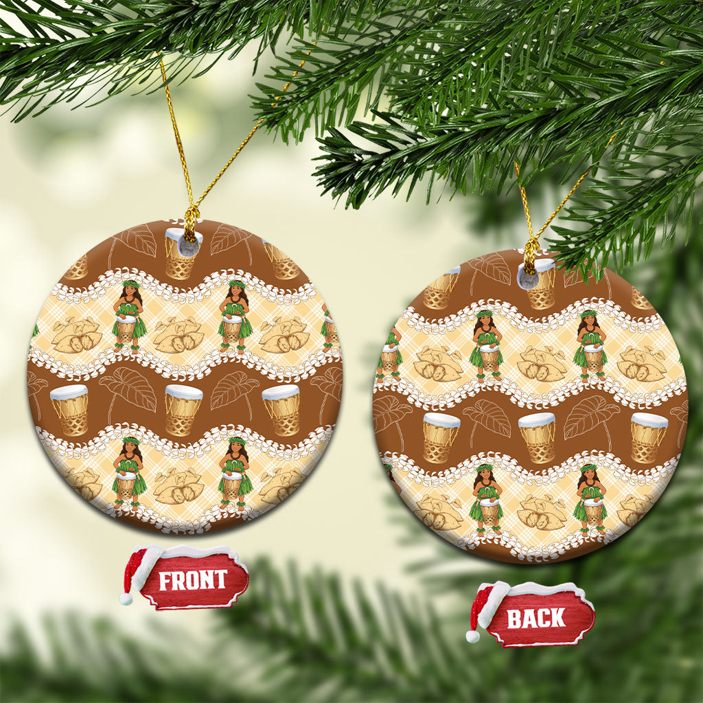 Hula Pahu Hawaii Makahiki Ceramic Ornament Hawaiian Puakenikeni Lei Kalo Uala Palaka Motifs LT14 Circle Brown - Polynesian Pride