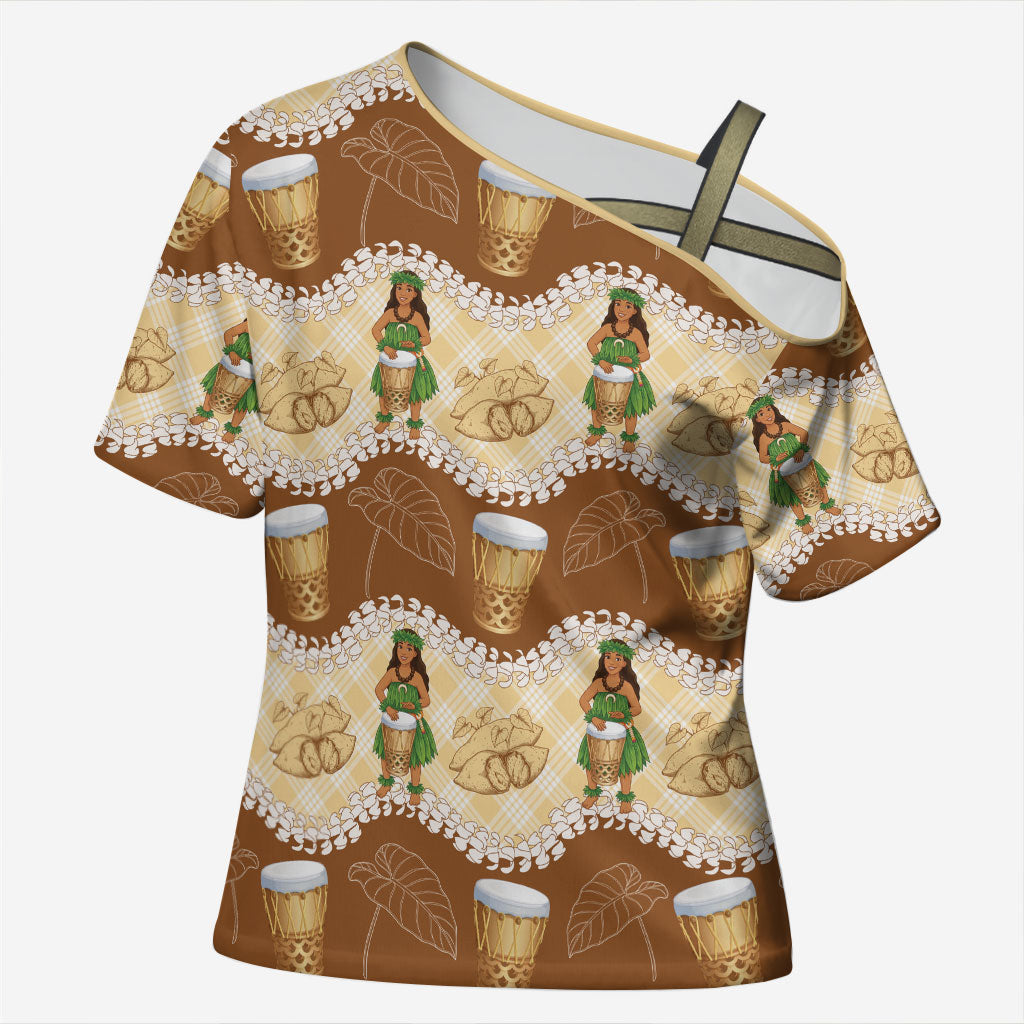 Hula Pahu Hawaii Makahiki Cross Shoulder Shirt Hawaiian Puakenikeni Lei Kalo Uala Palaka Motifs LT14 Female Brown - Polynesian Pride