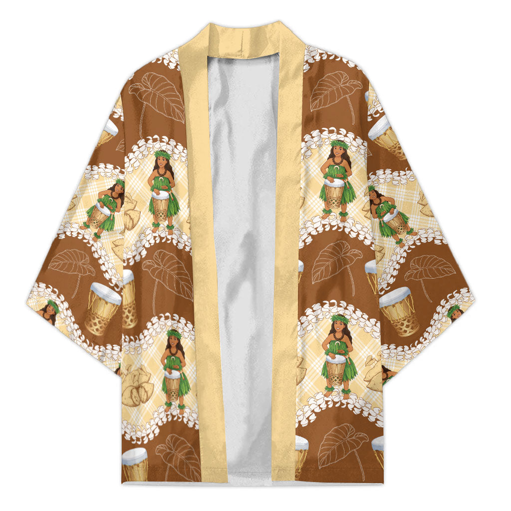 Hula Pahu Hawaii Makahiki Kimono Hawaiian Puakenikeni Lei Kalo Uala Palaka Motifs LT14 Unisex Brown - Polynesian Pride