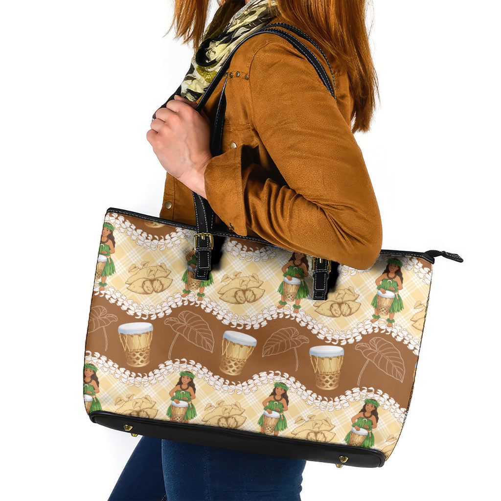 Hula Pahu Hawaii Makahiki Leather Tote Bag Hawaiian Puakenikeni Lei Kalo Uala Palaka Motifs LT14 Brown - Polynesian Pride