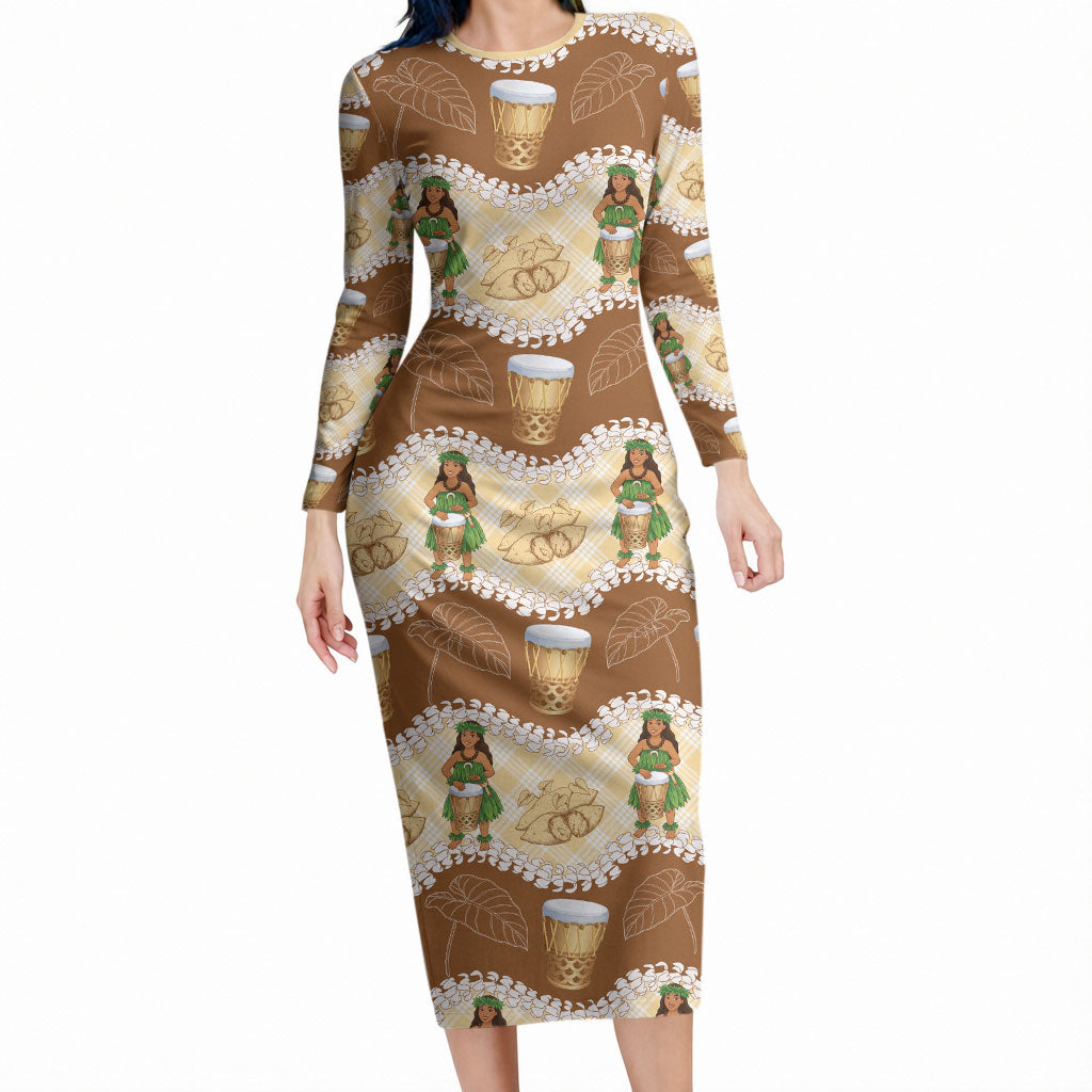 Hula Pahu Hawaii Makahiki Long Sleeve Bodycon Dress Hawaiian Puakenikeni Lei Kalo Uala Palaka Motifs LT14 Long Dress Brown - Polynesian Pride