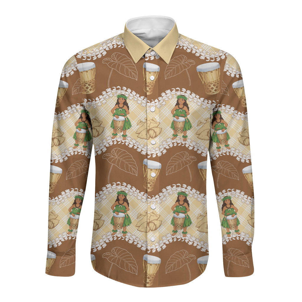 Hula Pahu Hawaii Makahiki Long Sleeve Button Shirt Hawaiian Puakenikeni Lei Kalo Uala Palaka Motifs LT14 Unisex Brown - Polynesian Pride