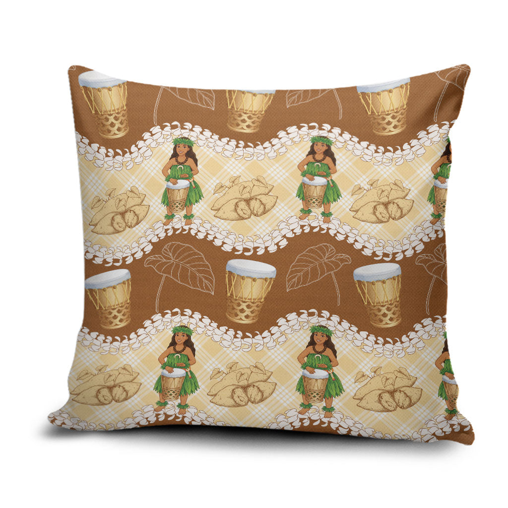 Hula Pahu Hawaii Makahiki Pillow Cover Hawaiian Puakenikeni Lei Kalo Uala Palaka Motifs LT14 Brown - Polynesian Pride