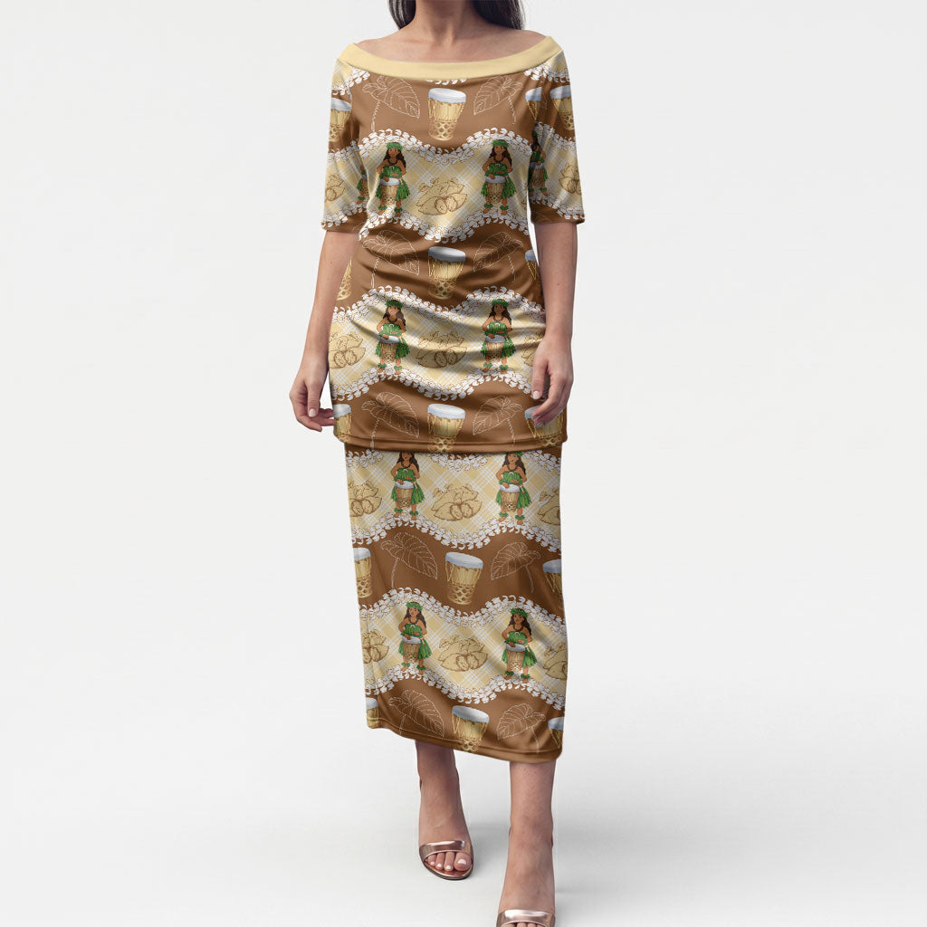 Hula Pahu Hawaii Makahiki Puletasi Hawaiian Puakenikeni Lei Kalo Uala Palaka Motifs LT14 Long Dress Brown - Polynesian Pride
