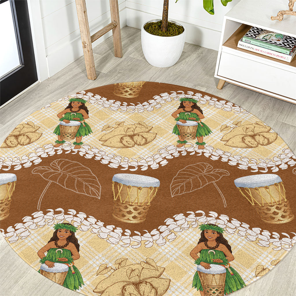 Hula Pahu Hawaii Makahiki Round Carpet Hawaiian Puakenikeni Lei Kalo Uala Palaka Motifs LT14 Brown - Polynesian Pride