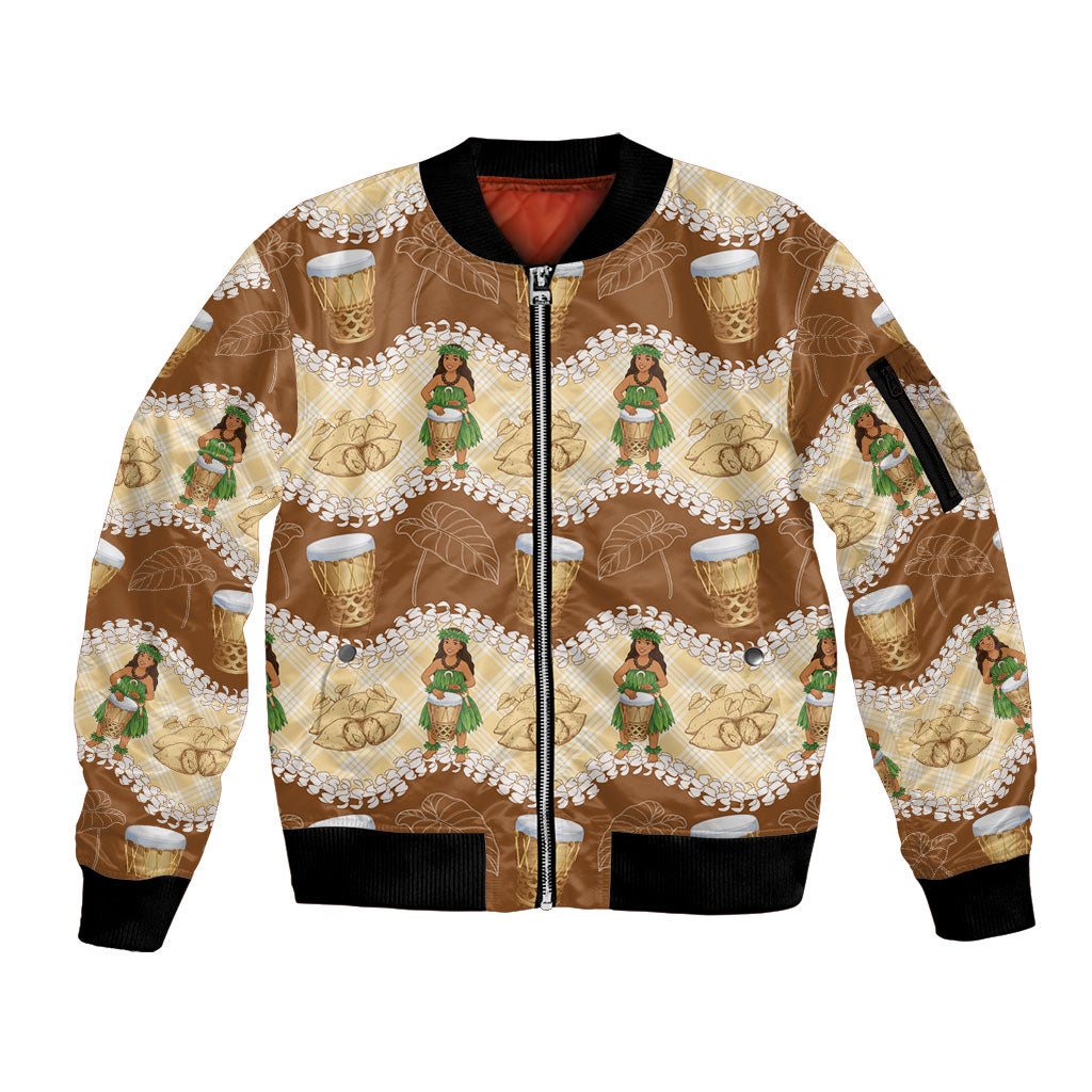 Hula Pahu Hawaii Makahiki Sleeve Zip Bomber Jacket Hawaiian Puakenikeni Lei Kalo Uala Palaka Motifs LT14 Unisex Brown - Polynesian Pride