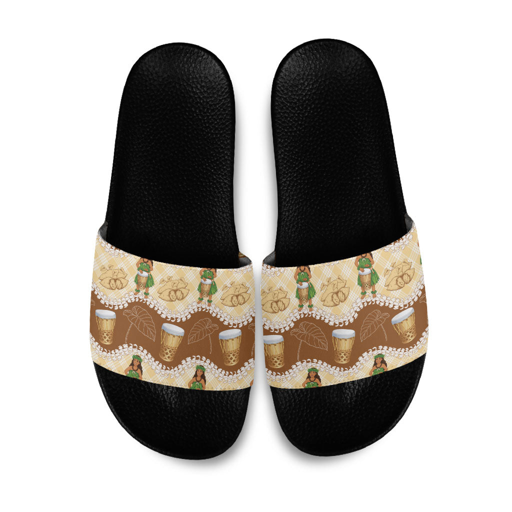 Hula Pahu Hawaii Makahiki Slide Sandals Hawaiian Puakenikeni Lei Kalo Uala Palaka Motifs LT14 Brown - Polynesian Pride