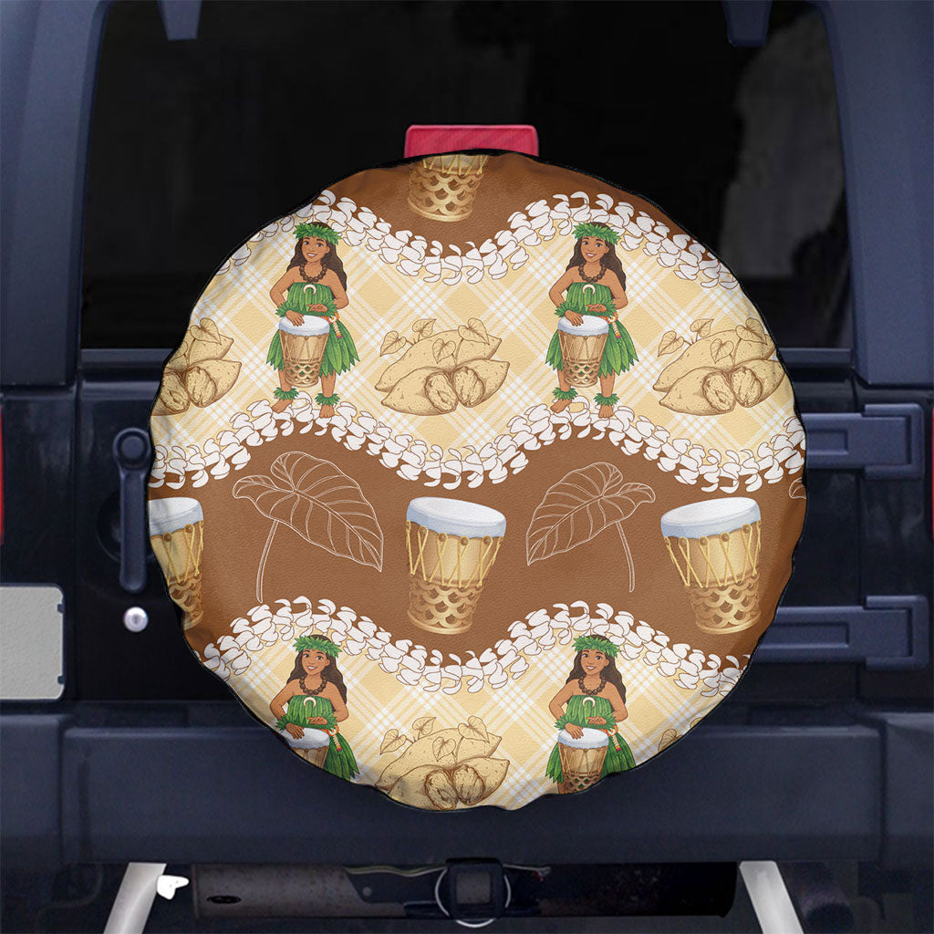 Hula Pahu Hawaii Makahiki Spare Tire Cover Hawaiian Puakenikeni Lei Kalo Uala Palaka Motifs LT14 No hole Brown - Polynesian Pride