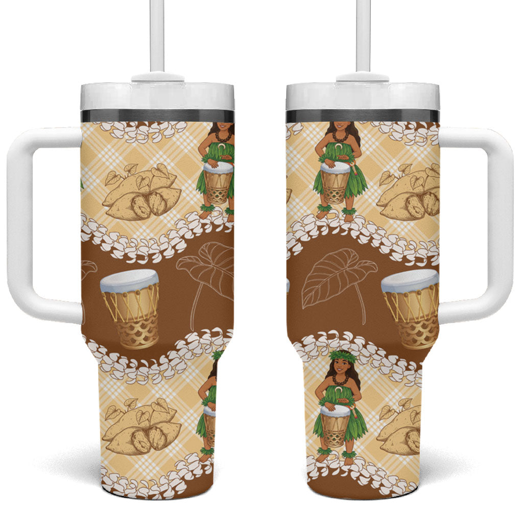 Hula Pahu Hawaii Makahiki Tumbler With Handle Hawaiian Puakenikeni Lei Kalo Uala Palaka Motifs LT14 One Size: 40 oz Brown - Polynesian Pride
