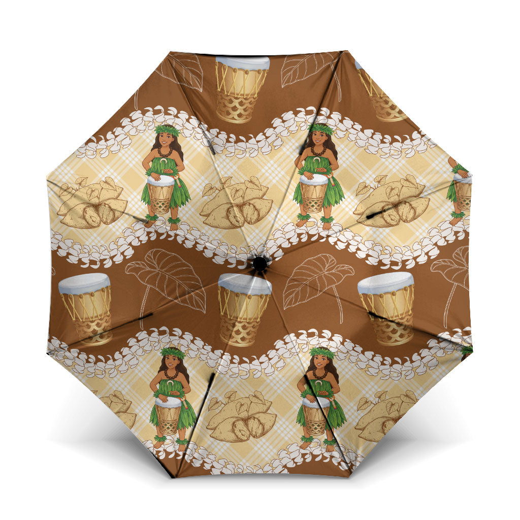 Hula Pahu Hawaii Makahiki Umbrella Hawaiian Puakenikeni Lei Kalo Uala Palaka Motifs LT14 One Size Folded 11.42 inch Opened Diameter 37.4 inch Brown - Polynesian Pride