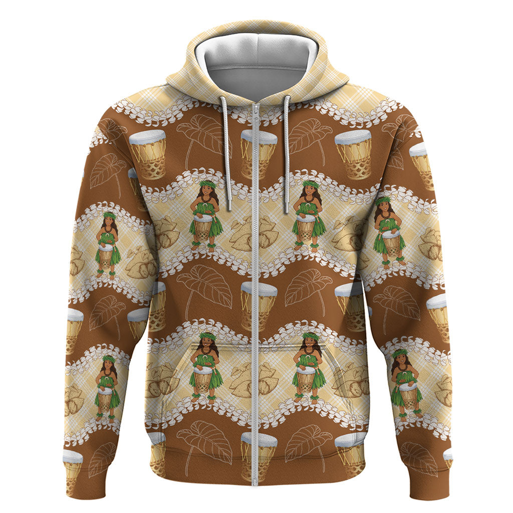 Hula Pahu Hawaii Makahiki Zip Hoodie Hawaiian Puakenikeni Lei Kalo Uala Palaka Motifs LT14 Zip Hoodie Brown - Polynesian Pride
