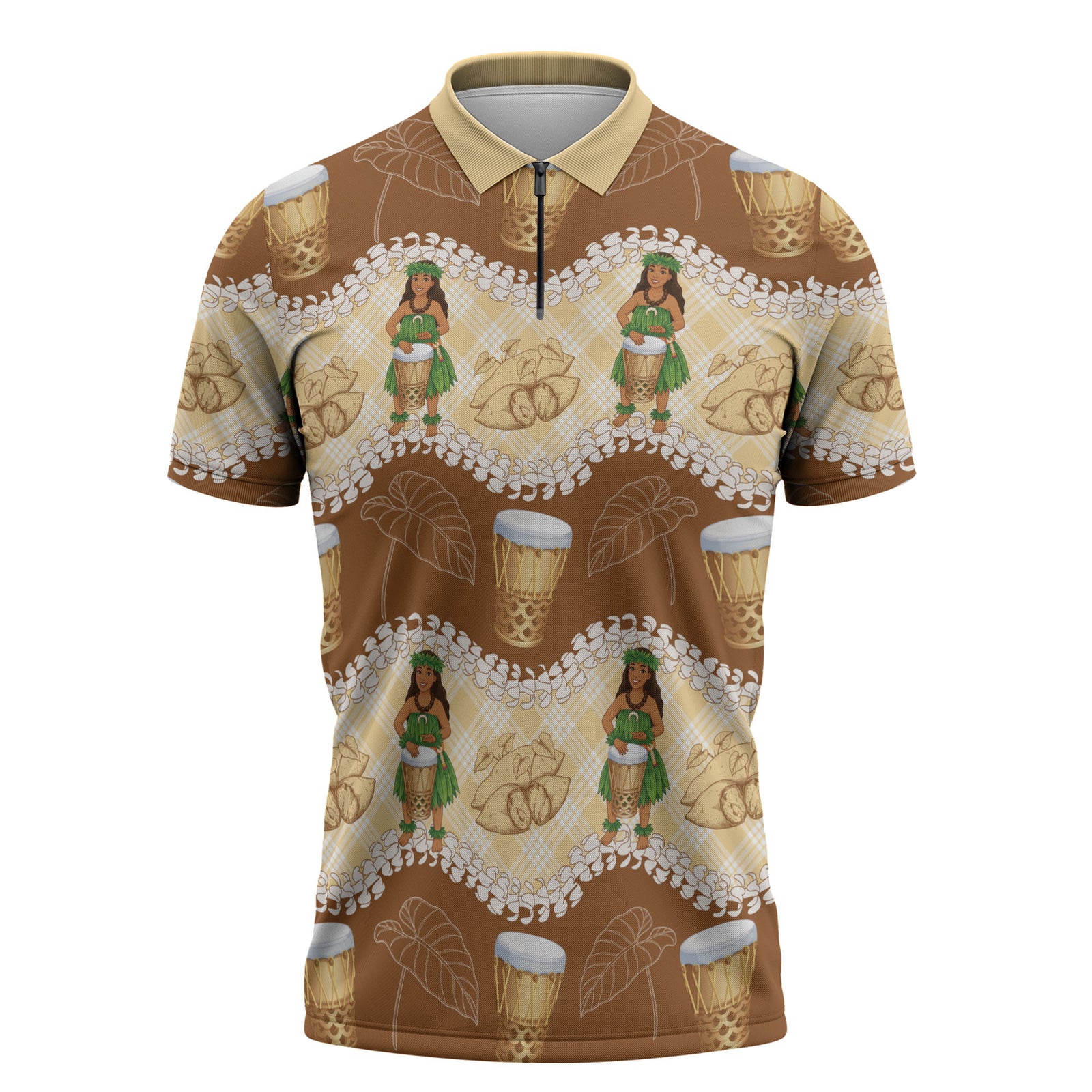 Hula Pahu Hawaii Makahiki Zipper Polo Shirt Hawaiian Puakenikeni Lei Kalo Uala Palaka Motifs LT14 Brown - Polynesian Pride
