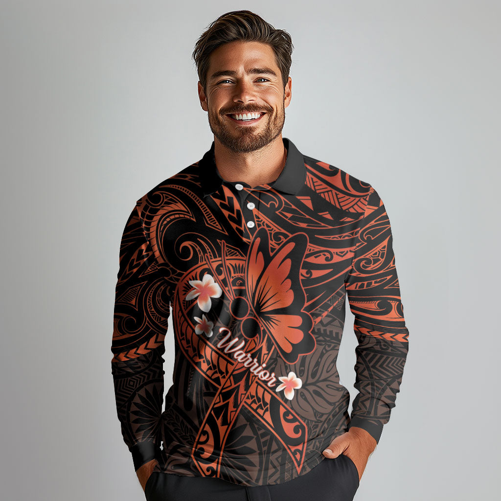 Polynesia Leukemia Awareness Month Long Sleeve Polo Shirt Warrior Butterfly Polynesian Orange Ribbon LT14 - Polynesian Pride