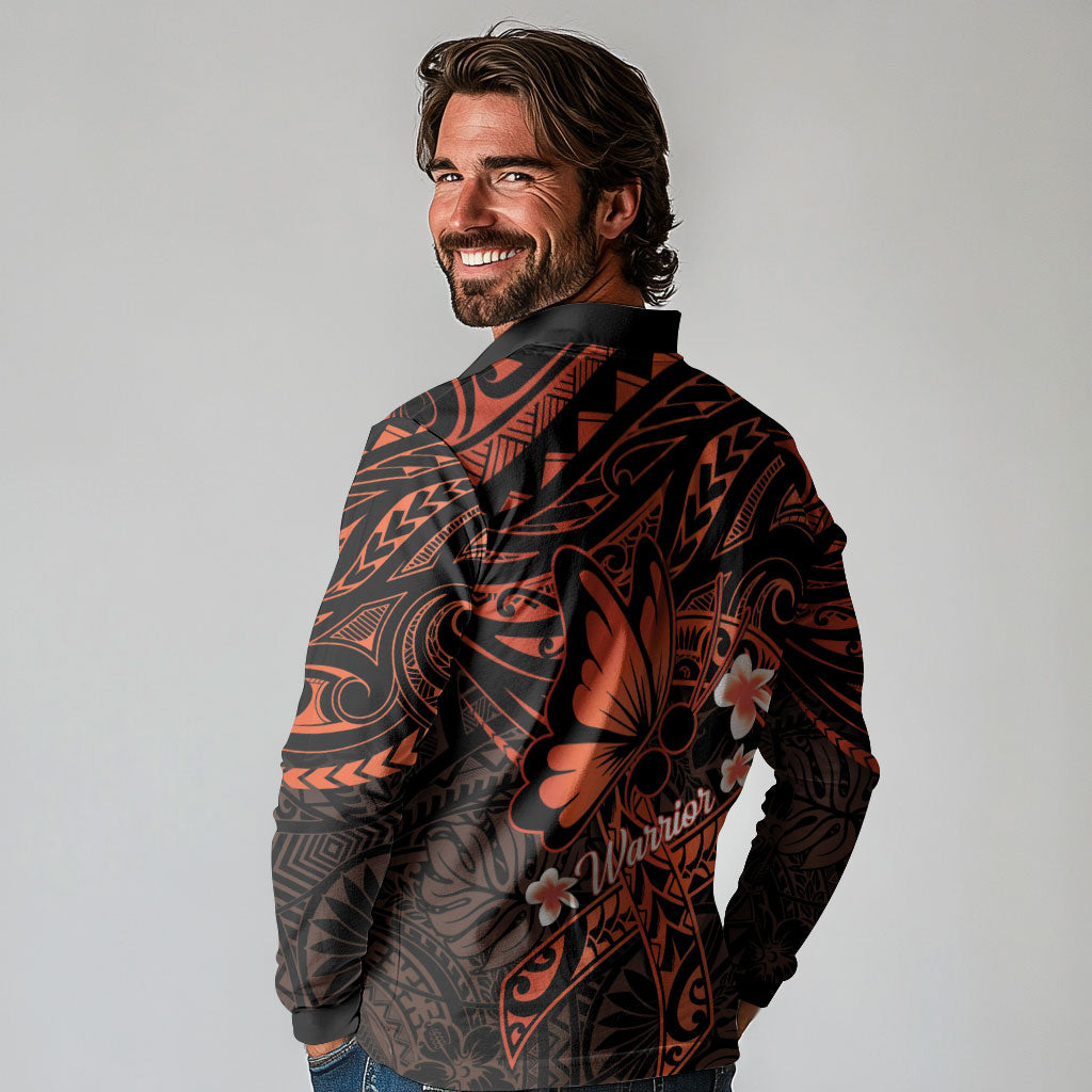 Polynesia Leukemia Awareness Month Long Sleeve Polo Shirt Warrior Butterfly Polynesian Orange Ribbon LT14 - Polynesian Pride