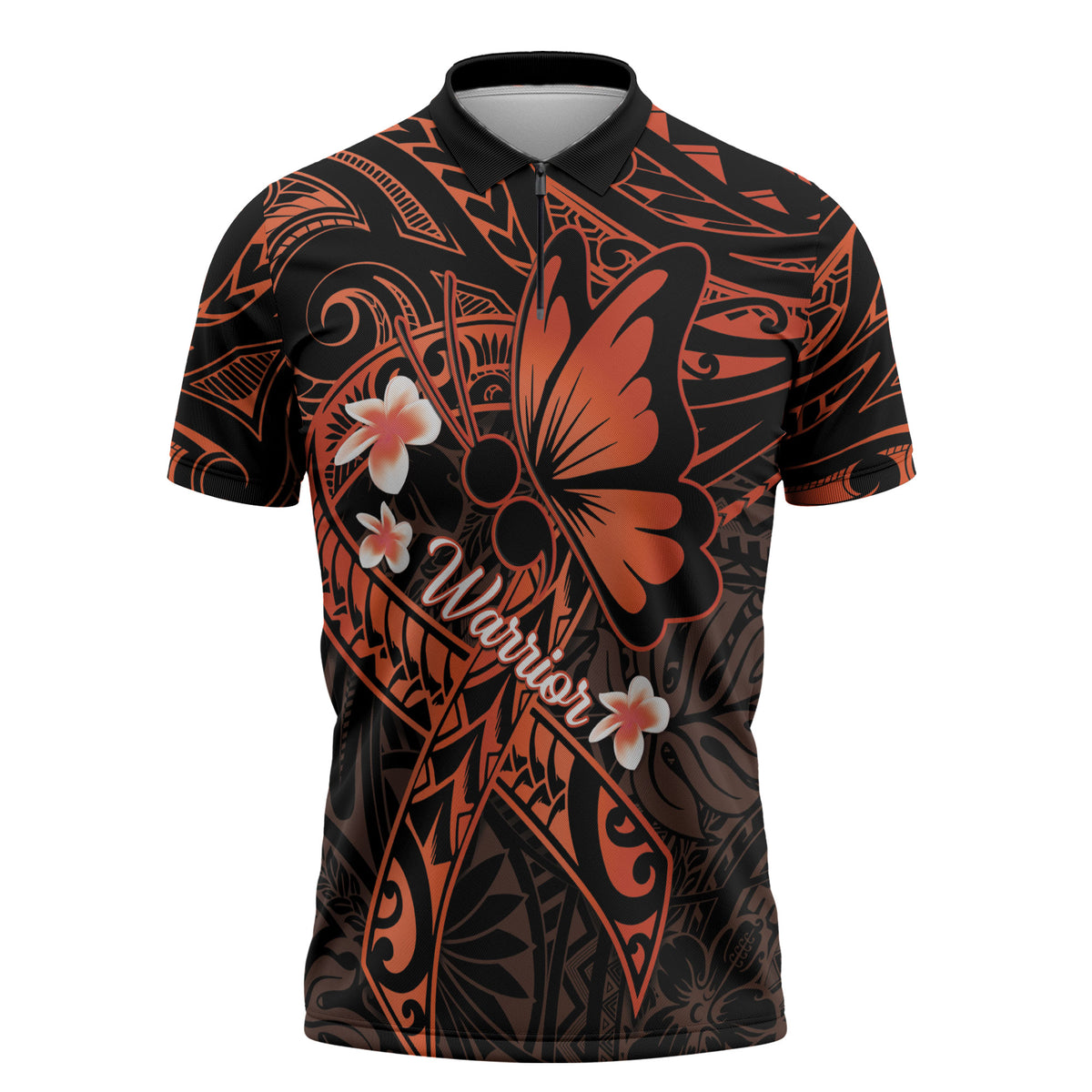 Polynesia Leukemia Awareness Month Zipper Polo Shirt Warrior Butterfly Polynesian Orange Ribbon LT14 Orange - Polynesian Pride
