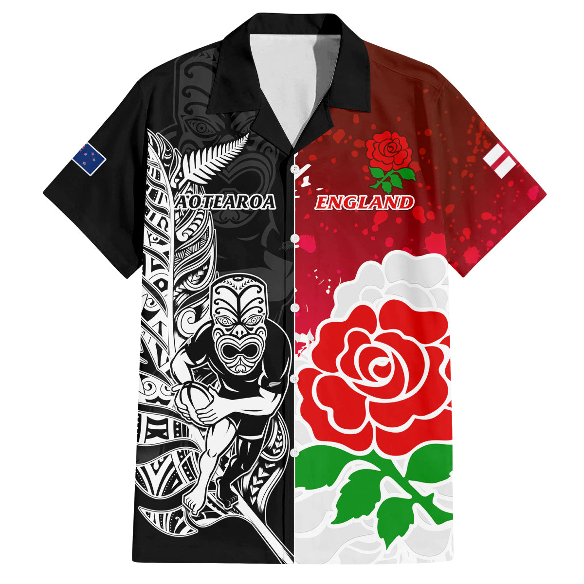 New Zealand And England Rugby Family Matching Puletasi Dress and Hawaiian Shirt 2023 World Cup All Black Combine Red Roses LT14 Dad's Shirt - Short Sleeve Black - Polynesian Pride