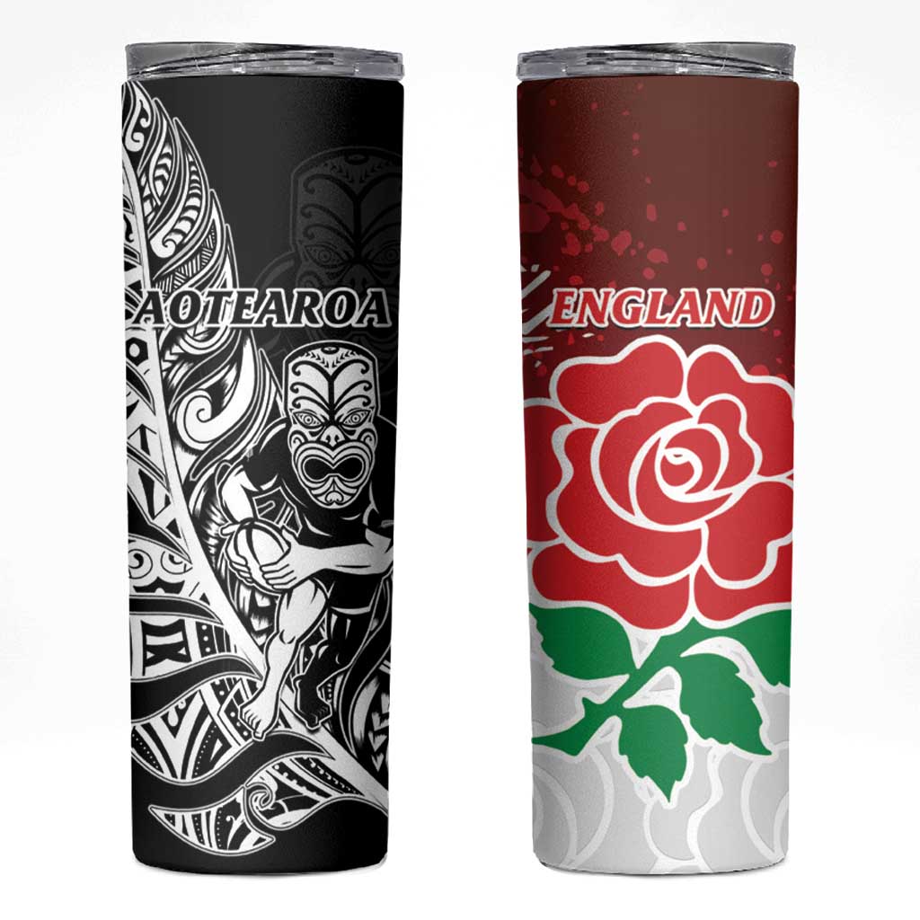 New Zealand And England Rugby Skinny Tumbler World Cup All Black Combine Red Roses LT14 Black - Polynesian Pride