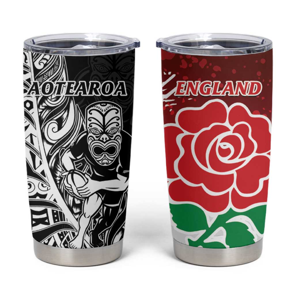 New Zealand And England Rugby Tumbler Cup World Cup All Black Combine Red Roses LT14 Black - Polynesian Pride