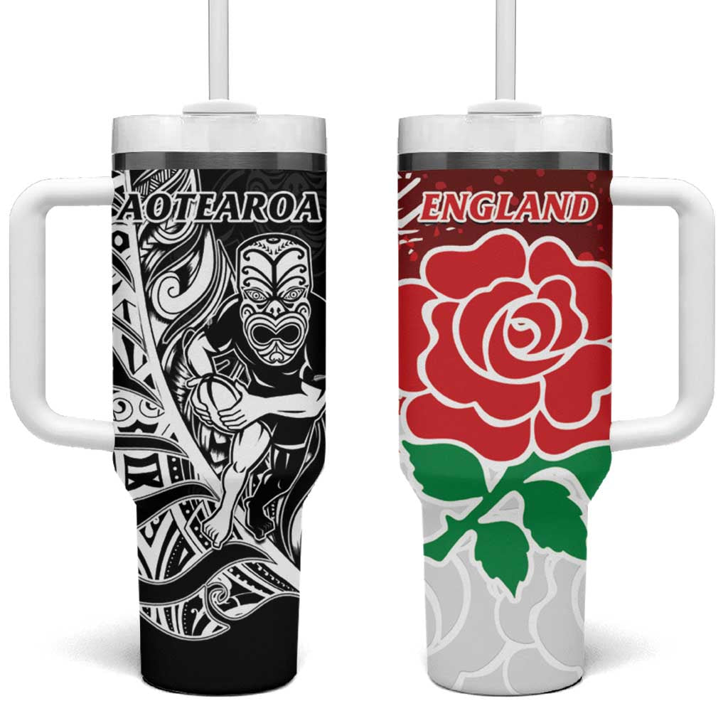 New Zealand And England Rugby Tumbler With Handle World Cup All Black Combine Red Roses LT14 One Size: 40 oz Black - Polynesian Pride
