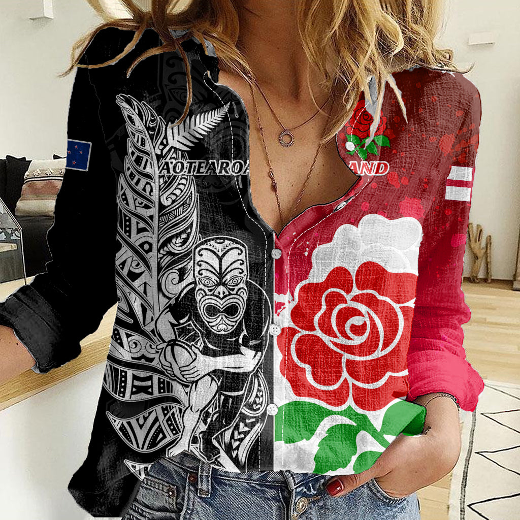 New Zealand And England Rugby Women Casual Shirt 2023 World Cup All Black Combine Red Roses LT14 Female Black - Polynesian Pride