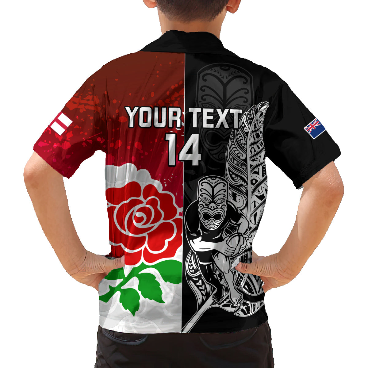 Custom New Zealand And England Rugby Family Matching Off Shoulder Maxi Dress and Hawaiian Shirt 2023 World Cup All Black Combine Red Roses LT14 - Polynesian Pride