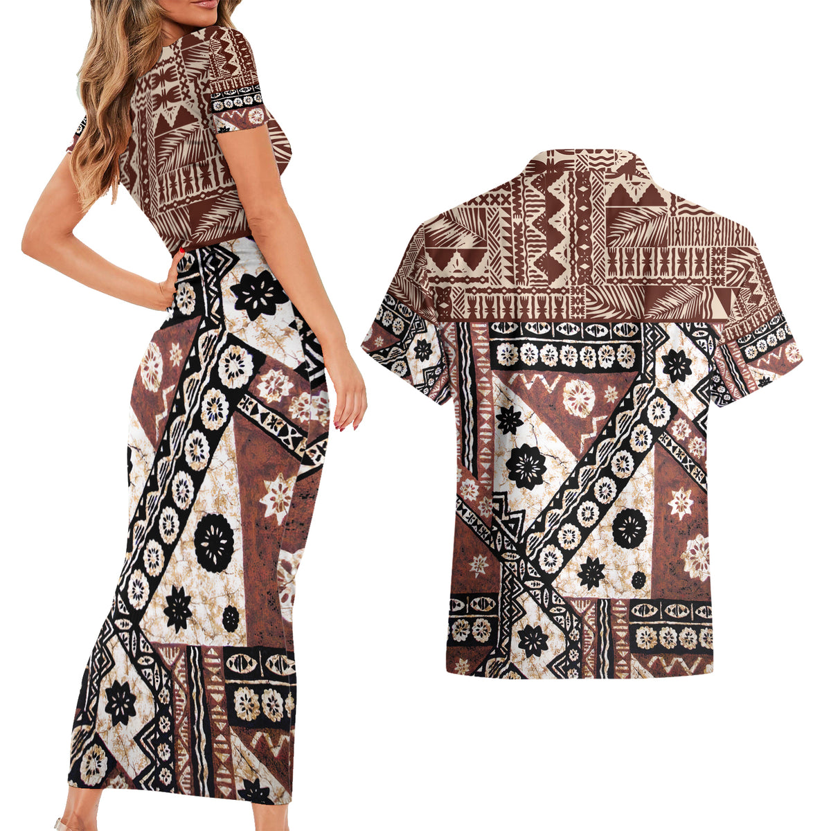 Bula Fiji Couples Matching Short Sleeve Bodycon Dress and Hawaiian Shirt Unique Masi Tapa Pattern LT14 - Polynesian Pride