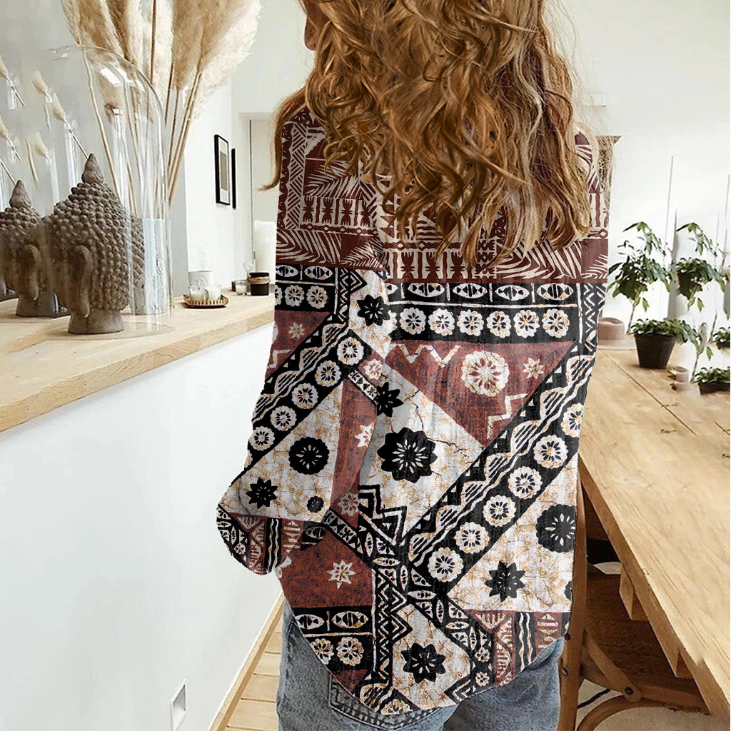 Bula Fiji Women Casual Shirt Unique Masi Tapa Pattern LT14 - Polynesian Pride