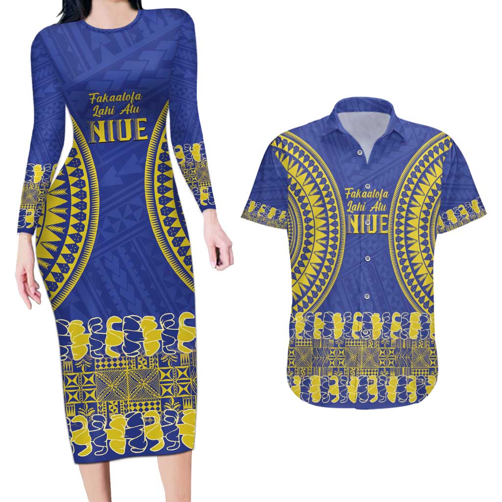 Fakaalofa Lahi Atu Niue Couples Matching Long Sleeve Bodycon Dress and Hawaiian Shirt Siapo Pattern With Puakenikeni LT14 Blue - Polynesian Pride