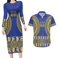 Fakaalofa Lahi Atu Niue Couples Matching Long Sleeve Bodycon Dress and Hawaiian Shirt Siapo Pattern With Puakenikeni LT14 Blue - Polynesian Pride