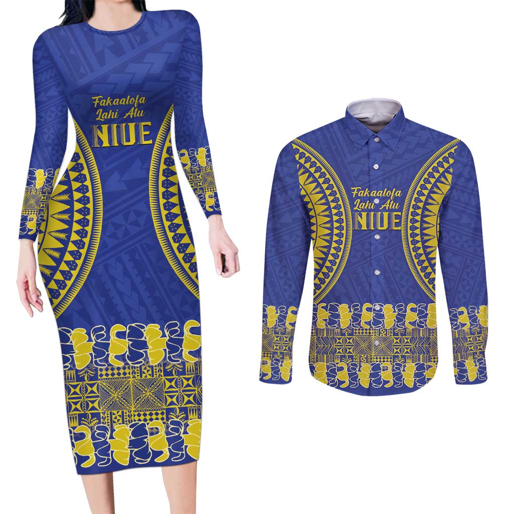 Fakaalofa Lahi Atu Niue Couples Matching Long Sleeve Bodycon Dress and Long Sleeve Button Shirt Siapo Pattern With Puakenikeni LT14 Blue - Polynesian Pride