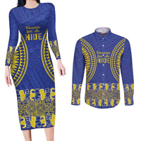 Fakaalofa Lahi Atu Niue Couples Matching Long Sleeve Bodycon Dress and Long Sleeve Button Shirt Siapo Pattern With Puakenikeni LT14 Blue - Polynesian Pride