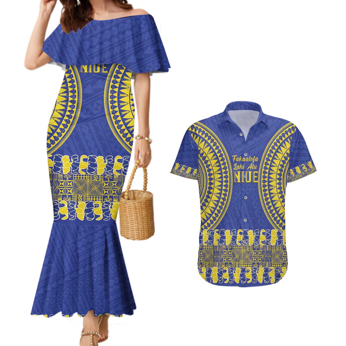 Fakaalofa Lahi Atu Niue Couples Matching Mermaid Dress and Hawaiian Shirt Siapo Pattern With Puakenikeni LT14 Blue - Polynesian Pride