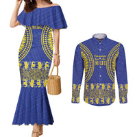 Fakaalofa Lahi Atu Niue Couples Matching Mermaid Dress and Long Sleeve Button Shirt Siapo Pattern With Puakenikeni LT14 Blue - Polynesian Pride
