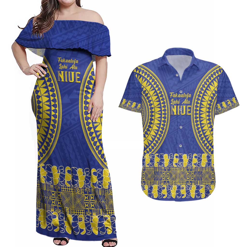 Fakaalofa Lahi Atu Niue Couples Matching Off Shoulder Maxi Dress and Hawaiian Shirt Siapo Pattern With Puakenikeni LT14 Blue - Polynesian Pride
