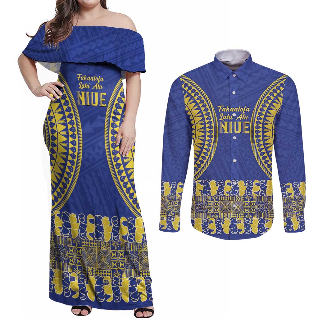 Fakaalofa Lahi Atu Niue Couples Matching Off Shoulder Maxi Dress and Long Sleeve Button Shirt Siapo Pattern With Puakenikeni LT14 Blue - Polynesian Pride