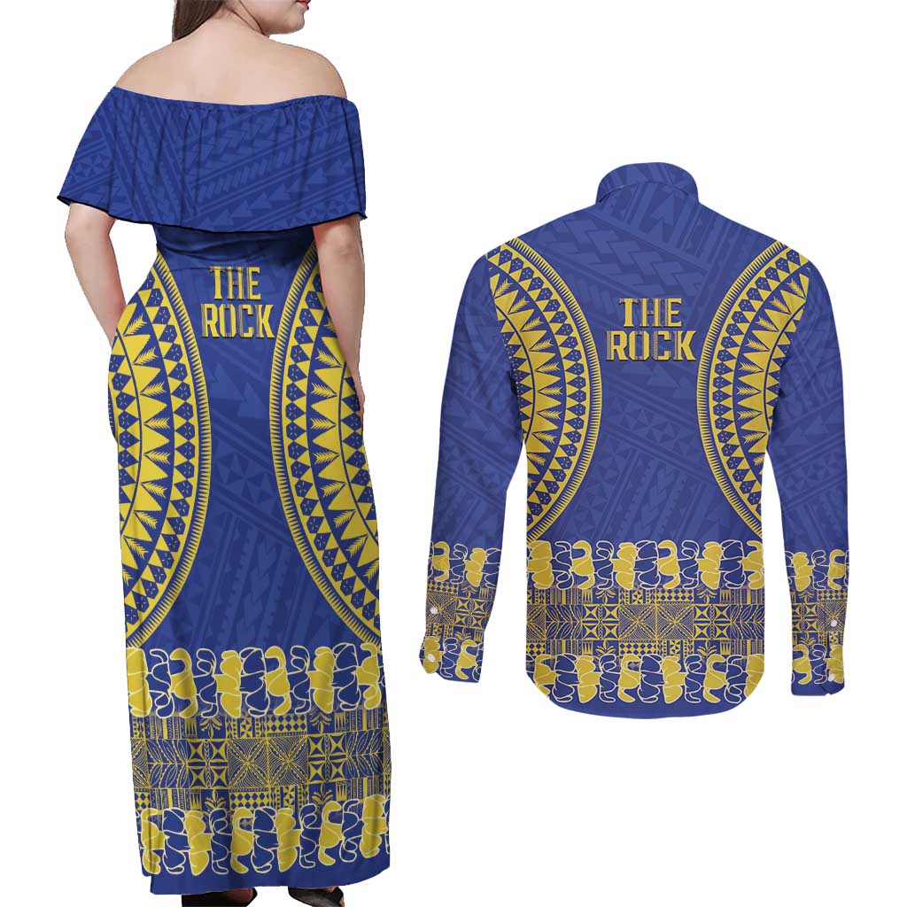 Fakaalofa Lahi Atu Niue Couples Matching Off Shoulder Maxi Dress and Long Sleeve Button Shirt Siapo Pattern With Puakenikeni LT14 - Polynesian Pride