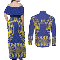 Fakaalofa Lahi Atu Niue Couples Matching Off Shoulder Maxi Dress and Long Sleeve Button Shirt Siapo Pattern With Puakenikeni LT14 - Polynesian Pride