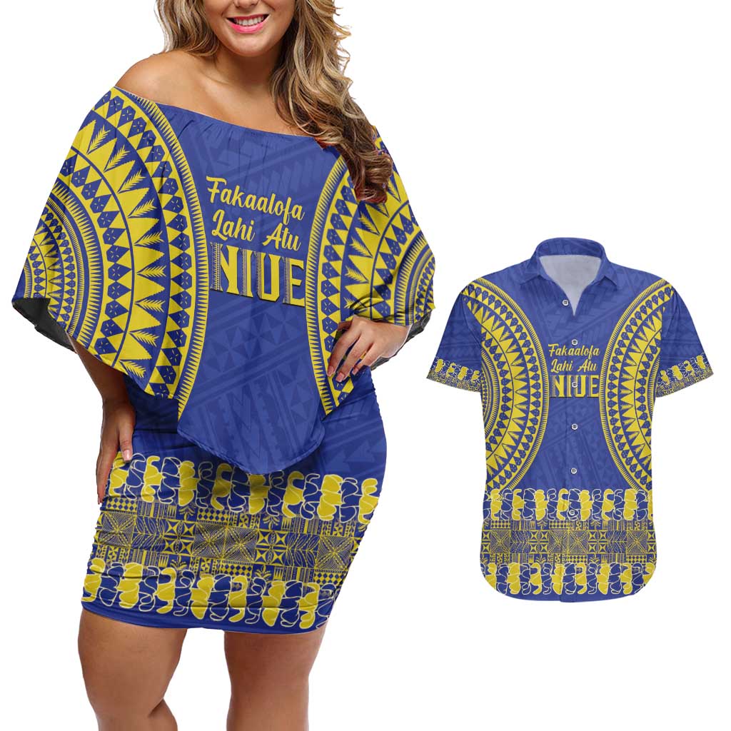 Fakaalofa Lahi Atu Niue Couples Matching Off Shoulder Short Dress and Hawaiian Shirt Siapo Pattern With Puakenikeni LT14 Blue - Polynesian Pride