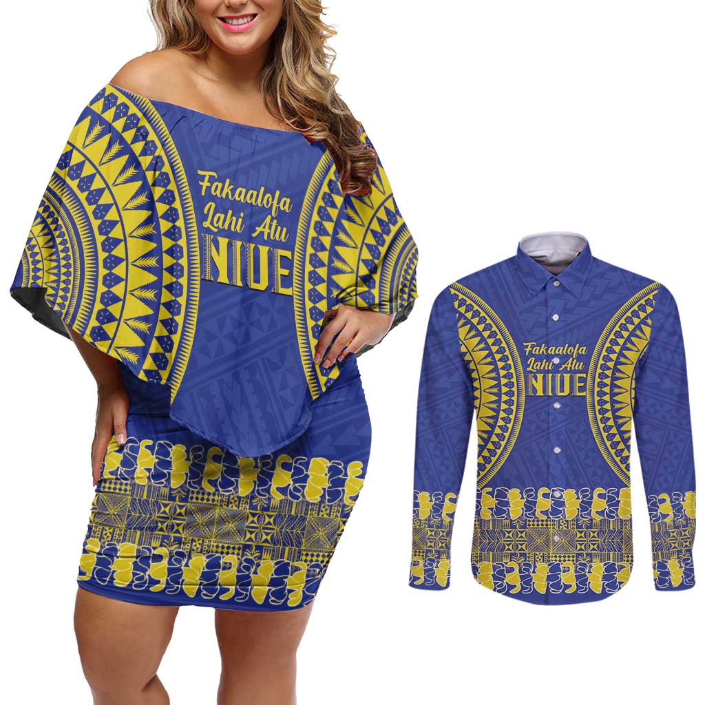 Fakaalofa Lahi Atu Niue Couples Matching Off Shoulder Short Dress and Long Sleeve Button Shirt Siapo Pattern With Puakenikeni LT14 Blue - Polynesian Pride