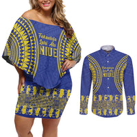 Fakaalofa Lahi Atu Niue Couples Matching Off Shoulder Short Dress and Long Sleeve Button Shirt Siapo Pattern With Puakenikeni LT14 Blue - Polynesian Pride