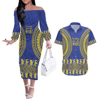 Fakaalofa Lahi Atu Niue Couples Matching Off The Shoulder Long Sleeve Dress and Hawaiian Shirt Siapo Pattern With Puakenikeni LT14 Blue - Polynesian Pride