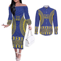 Fakaalofa Lahi Atu Niue Couples Matching Off The Shoulder Long Sleeve Dress and Long Sleeve Button Shirt Siapo Pattern With Puakenikeni LT14 Blue - Polynesian Pride