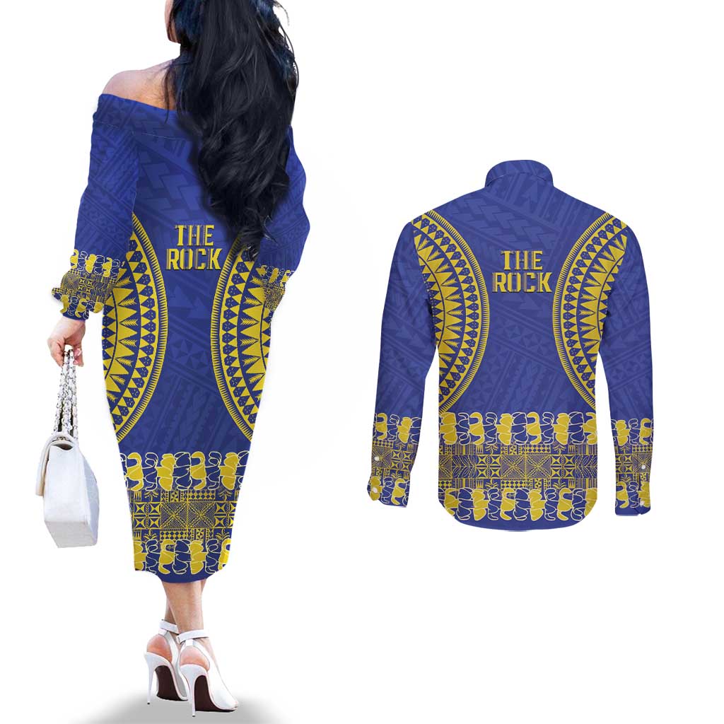 Fakaalofa Lahi Atu Niue Couples Matching Off The Shoulder Long Sleeve Dress and Long Sleeve Button Shirt Siapo Pattern With Puakenikeni LT14 - Polynesian Pride