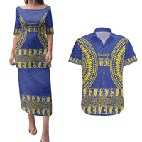 Fakaalofa Lahi Atu Niue Couples Matching Puletasi and Hawaiian Shirt Siapo Pattern With Puakenikeni LT14 Blue - Polynesian Pride